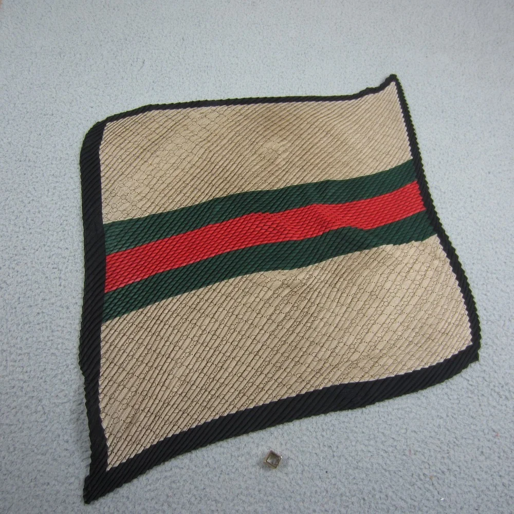 Womens Scrarf  Silky Square Tan Monogram Pleated Green Red Stripe Gold Slide